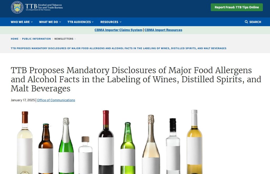 TTB Proposes Mandatory Disclosures of Major Food Allergens and Alcohol Facts in the Labeling of Wines, Distilled Spirits, and Malt Beverages