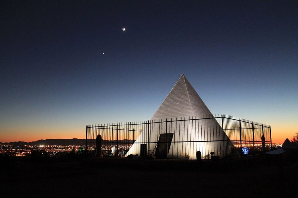 Hunt's Tomb under a waning crescent moon in Papago Park, Phoenix Arizona.